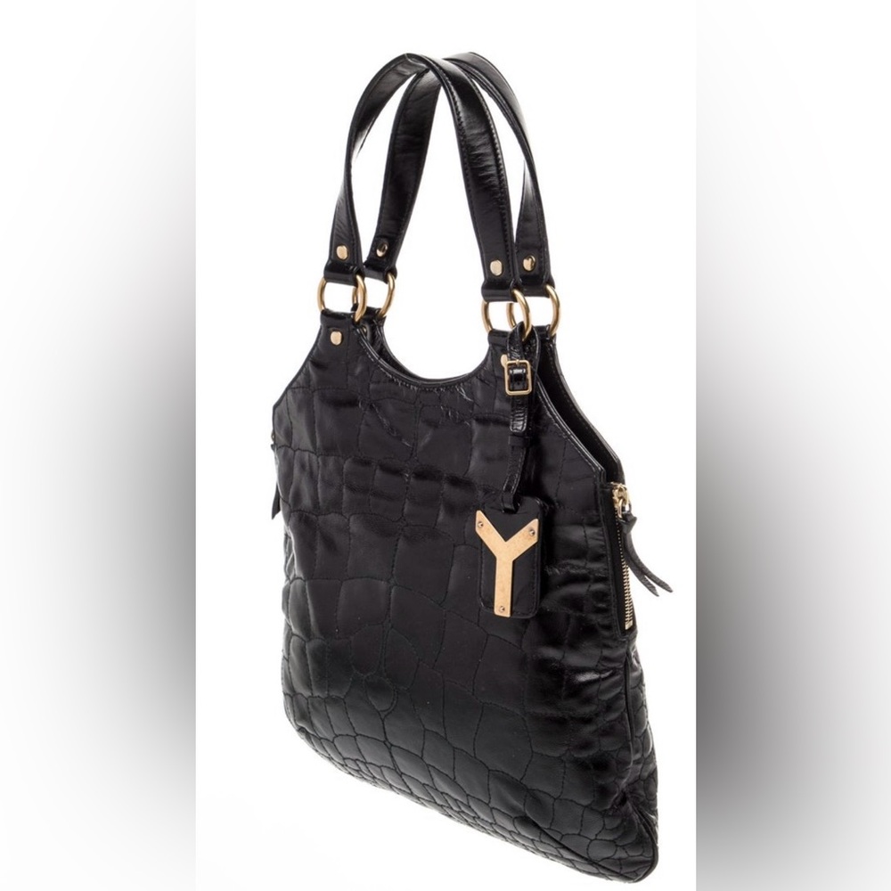 Rare Vintage YSL Black Embossed Leather Tribute Tote Bag